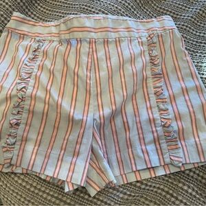 LOFT Light Blue, Red and Cream Striped Ruffle Shorts